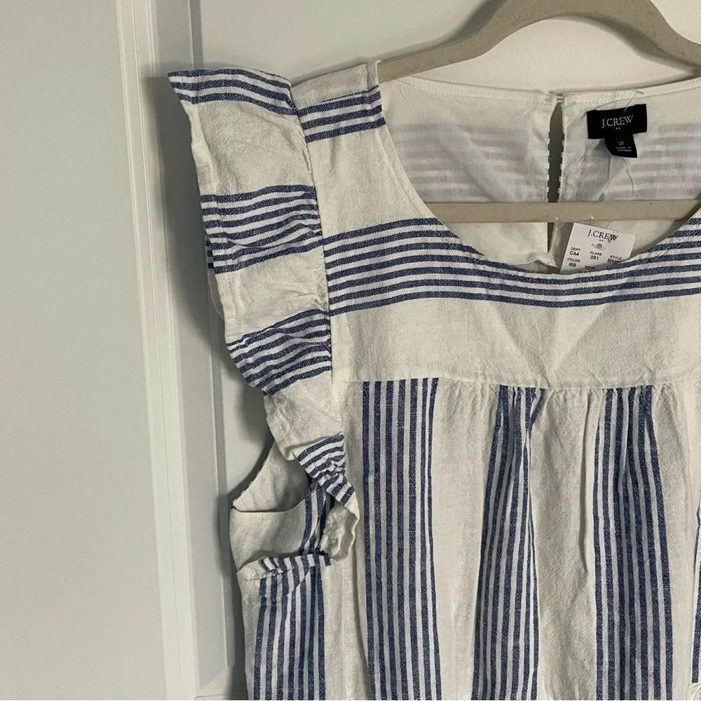New! J Crew Linen-blend striped mini dress  Ivory Brilliant Blue 18988